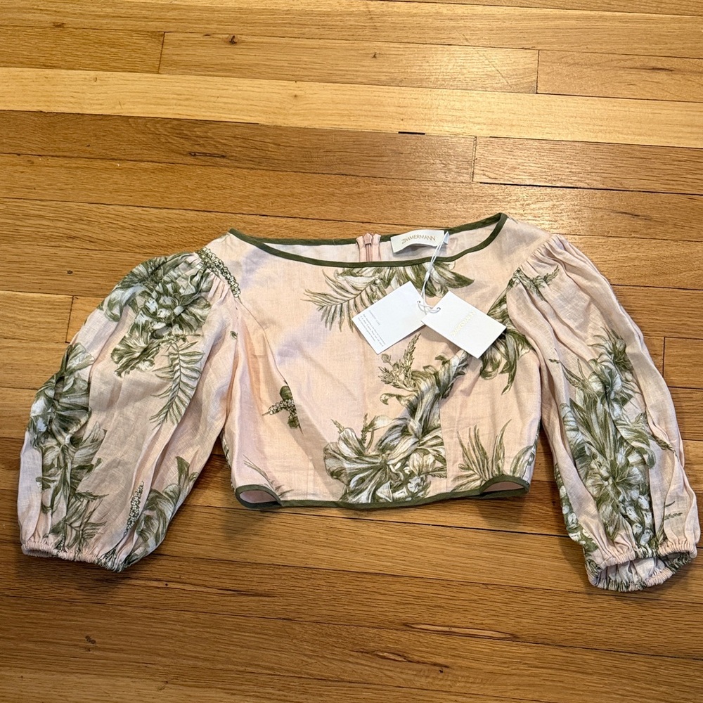 Zimmermann Pink Floral Puff-Sleeve Crop Top with Green Trim